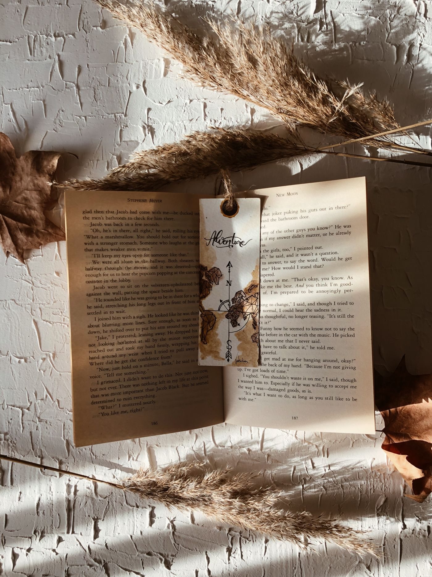 A bookmark on an open book with dried grasses