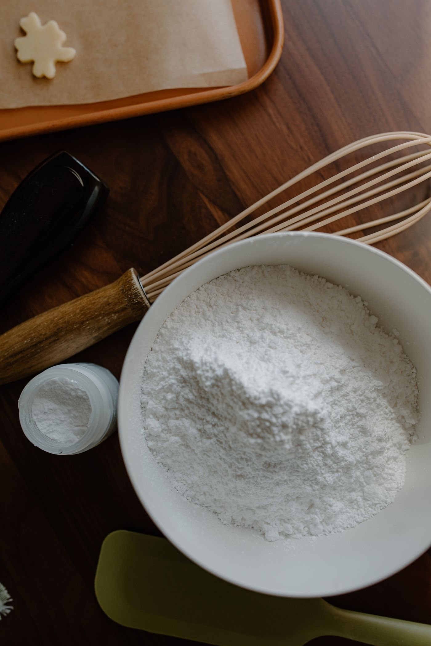 Baking ingredients and utensils on a tabletop