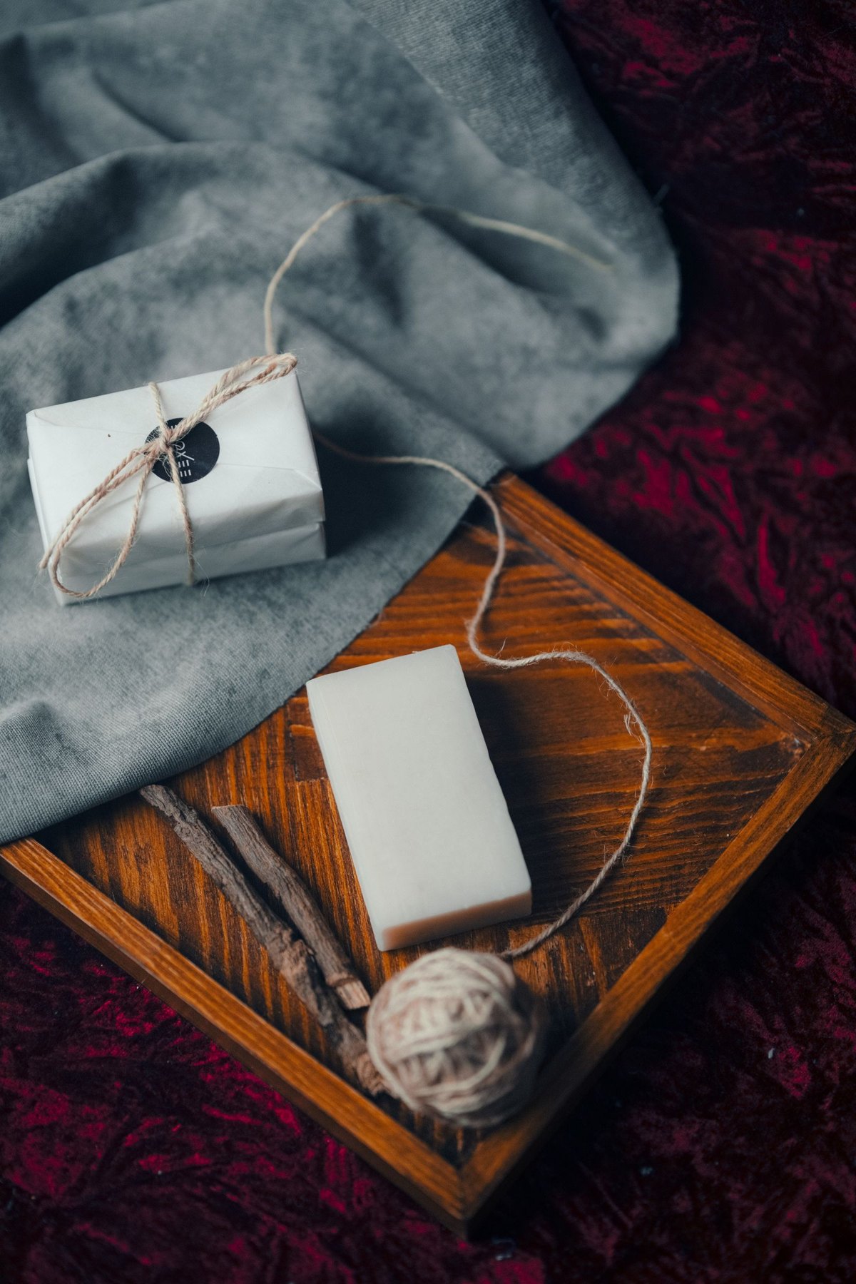 A small bar of soap wrapped simply in paper and twine