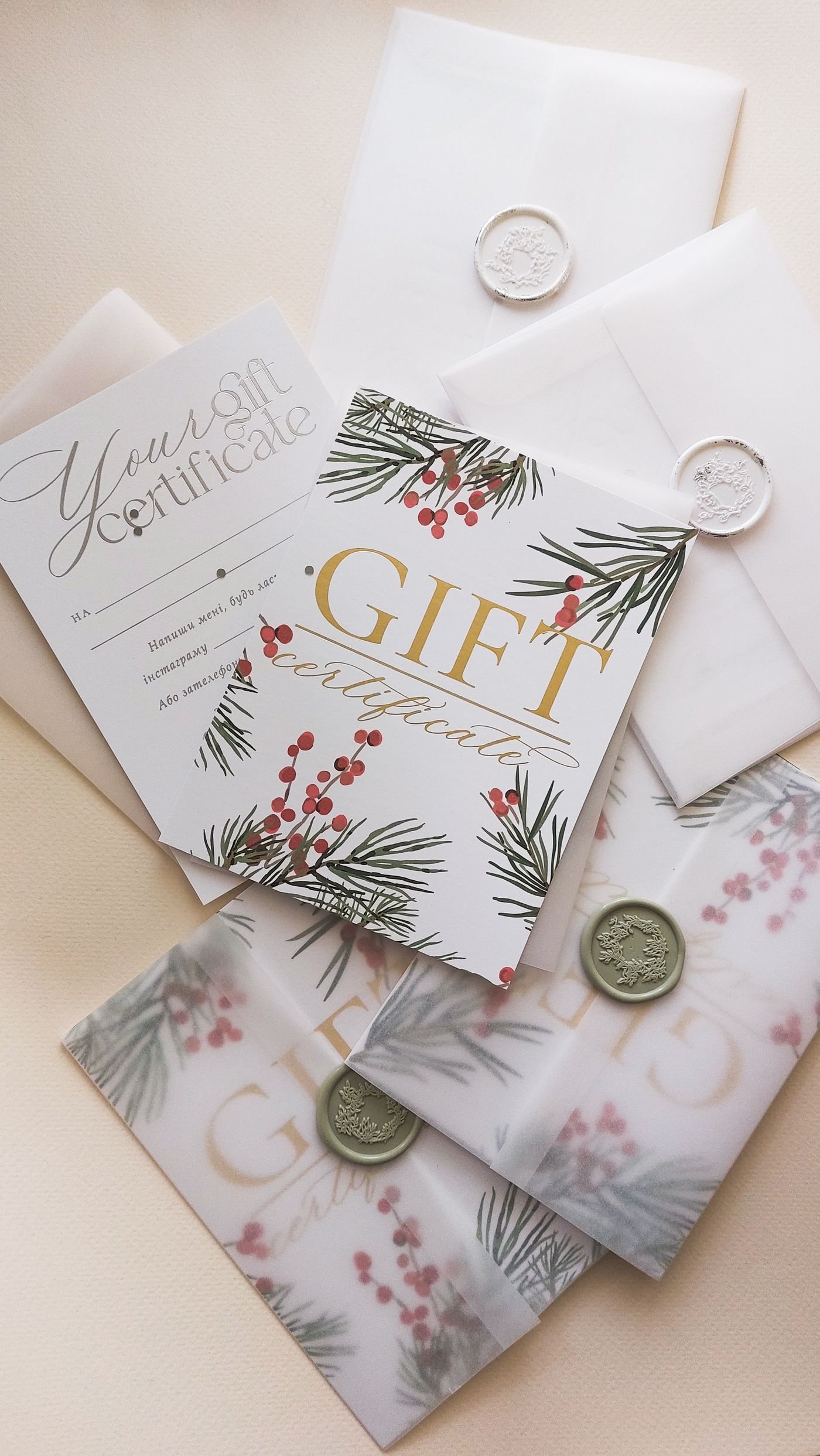 Gift certificates presented in decorative envelopes