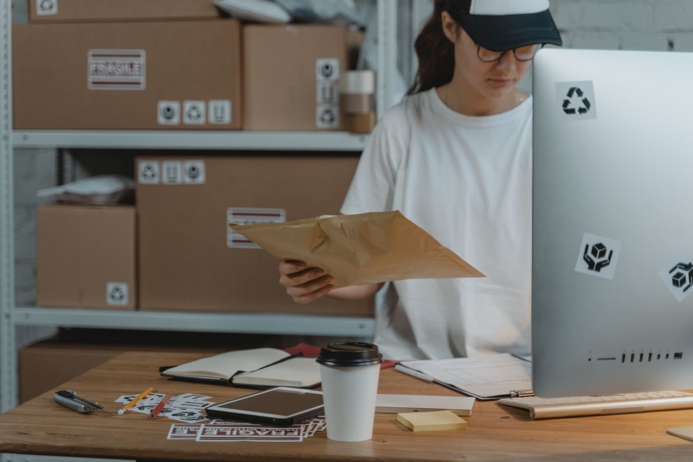 A person checking a cardboard parcel at a desk