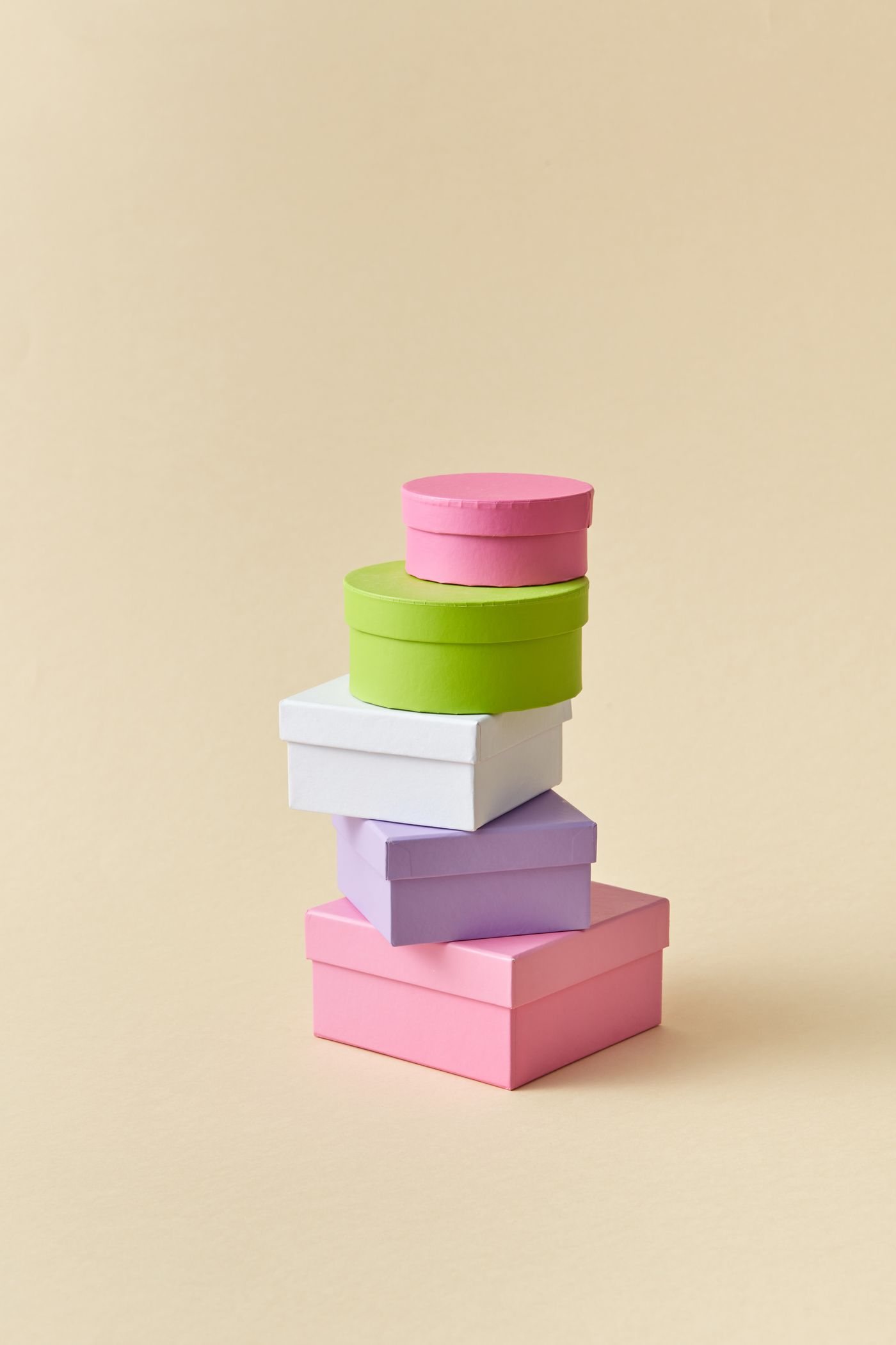 A stack of colourful wrapped gift boxes